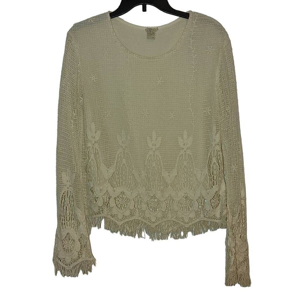 Gimmicks By BKE Women's Cream Crochet Long Bell Sleeve Blouse Top Size S
